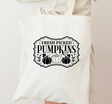 100% Cotton Heavy Duty Tote Bag 'Fresh Picked Pumpkins' Design with Black Text
