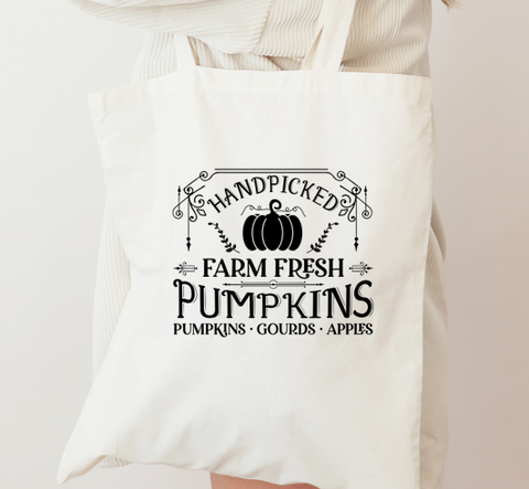100% Cotton Heavy Duty Tote Bag 'Handpicked Farm Fresh Pumpkins' Design Black Text